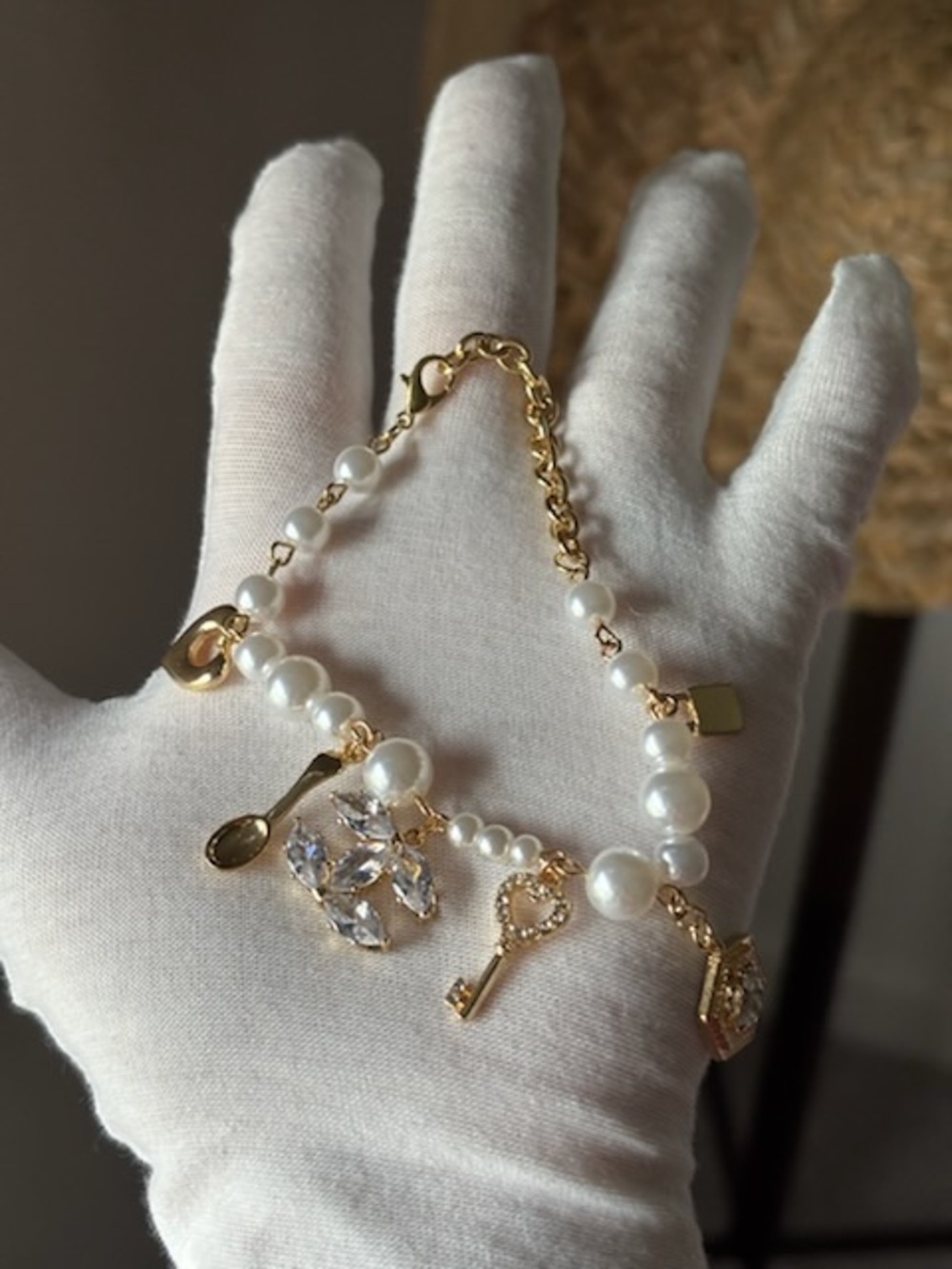 ✨ Pearl Charm Bracelet Gold Heart Key Lock Crystal Charm Bracelet Gift